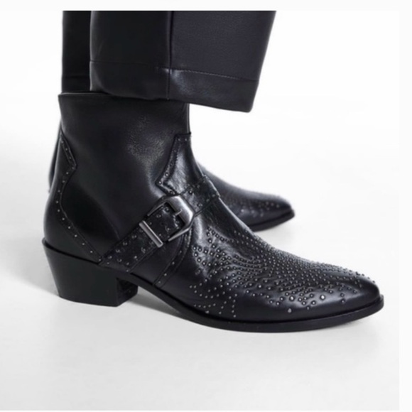 Zara Black Leather Studded Boots - Picture 1 of 12